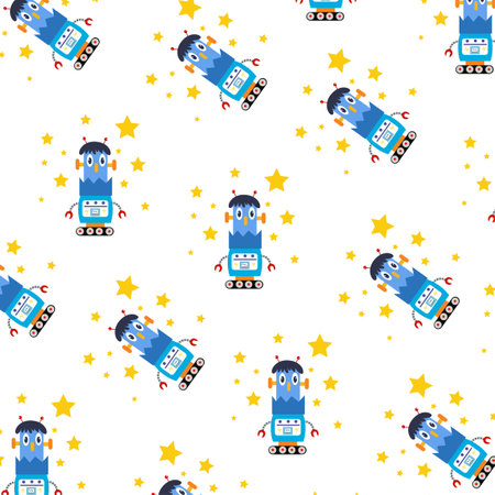 Seamless pattern with various cute robots perfect for wrapping paperのイラスト素材
