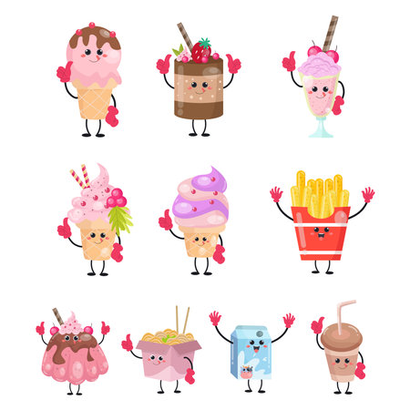 A collection of cute cartoon food images suitable for birthday cards, invitations and children's clothing designsのイラスト素材