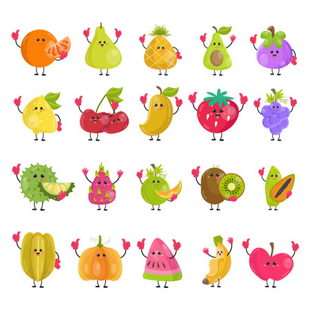 A collection of cute cartoon fruit images suitable for birthday cards, invitations and children's clothing designsのイラスト素材