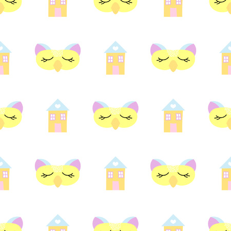 Baby seamless pattern with owl and house.のイラスト素材