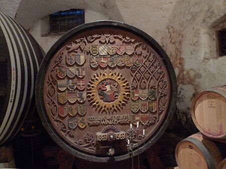 carved barrel at elena walch vineyard, termeno, trentino, italyのeditorial素材