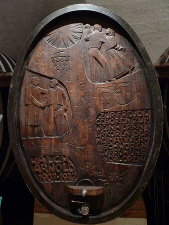 carved barrel at elena walch vineyard, termeno, trentino, italyのeditorial素材