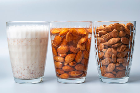 Glasses with dry, soaked almonds and with almonds milk. Showing ingredients needed to prepare almonds milk.の写真素材