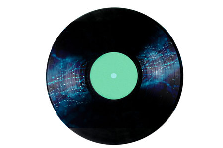 Vinyl record with blue color water drops isolated on white background.
