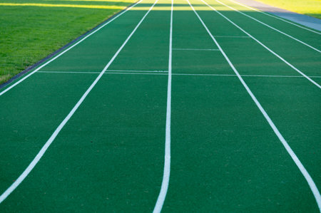 Green color rubber running track in nature at bright summer day.