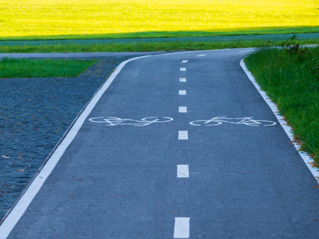 Dedicated Bicycle Lane With Painted Bike Symbols and Dashed Lines on a Sunny summer Dayの写真素材