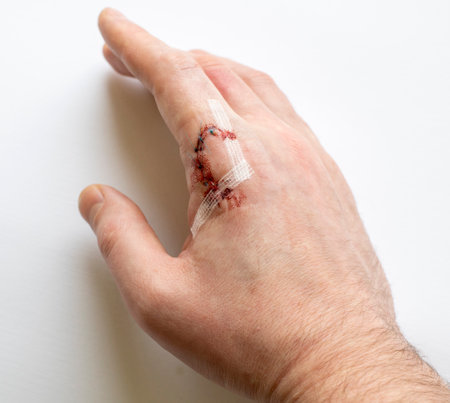Detailed view of a wounded finger with juncture, blood seeping through, against a white backgroundの写真素材