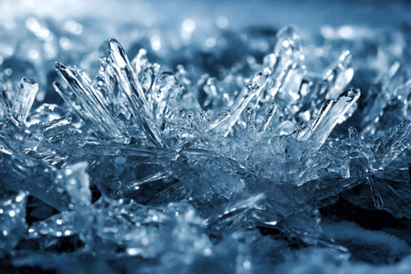 close up of ice crystals on the ground in winter, blue toned