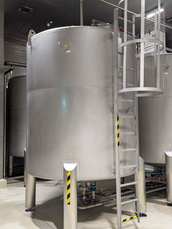 Large stainless steel tank with a safety ladder in a modern industrial factory environment