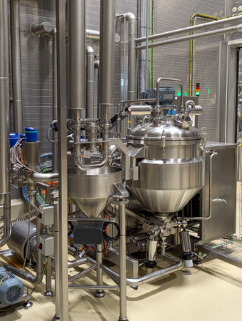 Industrial stainless steel machinery and piping used in modern manufacturing processes and...