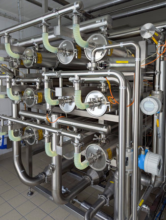 A complex network of stainless steel pipes, clamps, and flexible hoses forms a high-precision...