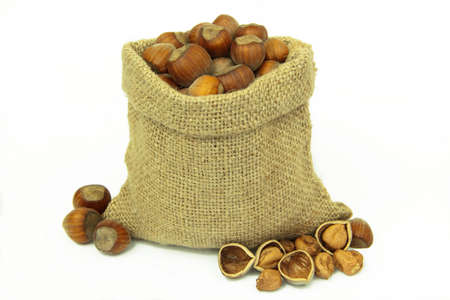 Hazelnuts in linen sack isolated on white background.の写真素材