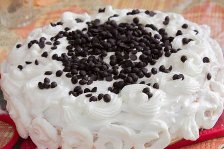 White cake decorated with cream and black chocolate on red plateの写真素材
