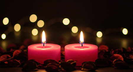 Burning candles on the background of a garland of relaxing lights.の写真素材