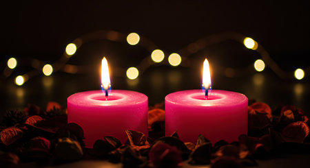 Candles and red rose petals on dark background with bokehの写真素材