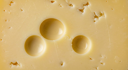 Close-up of cheese slice with holes on a white background.の写真素材