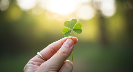 Hand holding green clover leaf on nature background. St. Patrick's day concept.