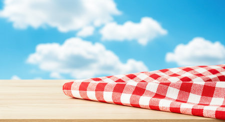 Wooden table with red checkered tablecloth on a blue sky backgroundの素材