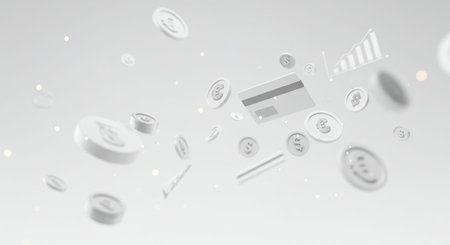 3d rendering of a credit card and coins on a white background