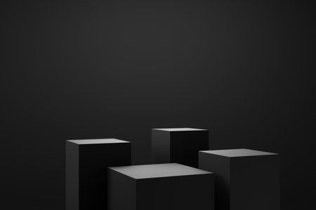 Black podium or pedestal display on dark background with cylinder stand concept. Blank product shelf standing backdrop. 3D rendering.の写真素材