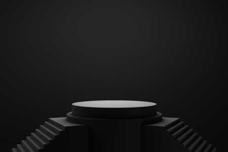 Black podium or pedestal display on dark background with cylinder stand concept. Blank product shelf standing backdrop. 3D rendering.の写真素材
