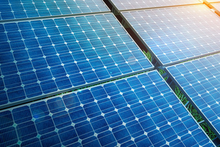 power solar panel on blue sky background,alternative clean green energy conceptの写真素材