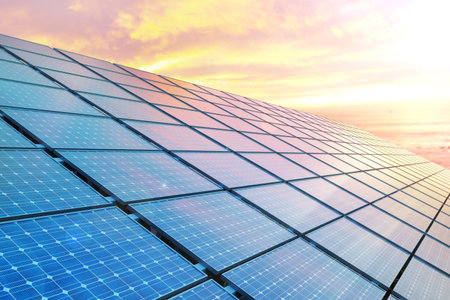 colose up solar panels on sunset.の写真素材