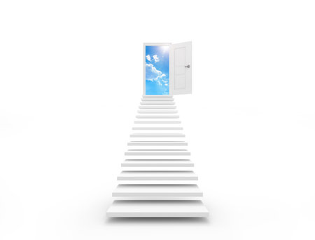White stairs and open doors and skyの写真素材