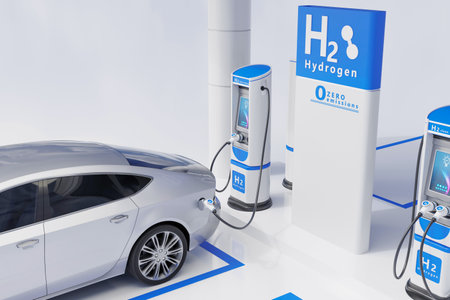 Hydrogen fuel car charging station white color visual concept design. 3d illustrationの写真素材