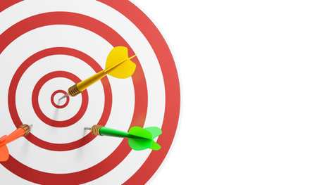Close-Up of a Bull's Eye On a Wall with three Darts in the target on a white background. 3d...