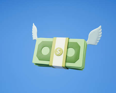 3D Flying stack of money on blue backgroundの写真素材