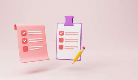 3D clipboard and pencil on pink background, notepad iconの写真素材