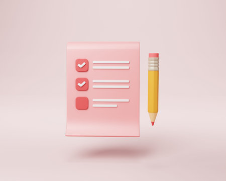 3D clipboard and pencil on pink background, notepad icon
