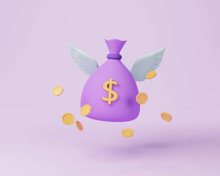 3d money concept. flying bag of money, coins,stack and bundle of moneyの写真素材
