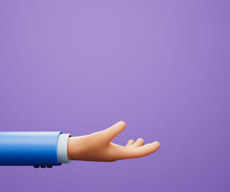 3D Cartoon hand holding smartphone isolated on purple background, Hand using mobile phone mockup. 3d...