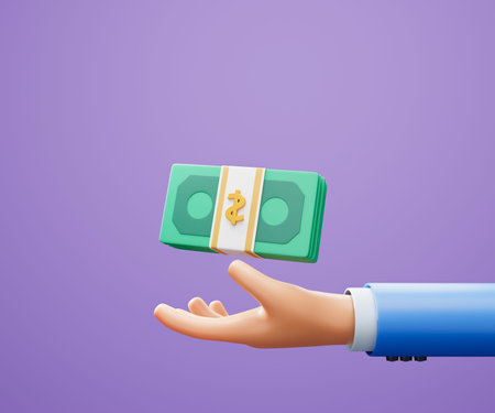 3D Hand holding banknote on purple background, money saving, online payment and payment concept. 3d...