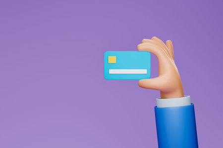 3D Cartoon hand holding smartphone isolated on purple background, Hand using mobile phone mockup. 3d...