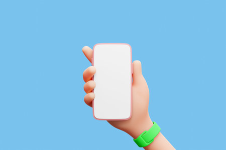 3D Cartoon hand holding smartphone isolated on purple background, Hand using mobile phone mockup. 3d...