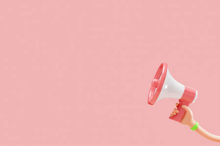 Cartoon flexible hand holding megaphone on pink background with copy space. 3d illustrationの写真素材