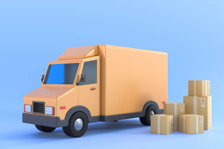 E-commerce concept, Delivery service on mobile application, Transportation delivery by truck, 3d illustrationの写真素材