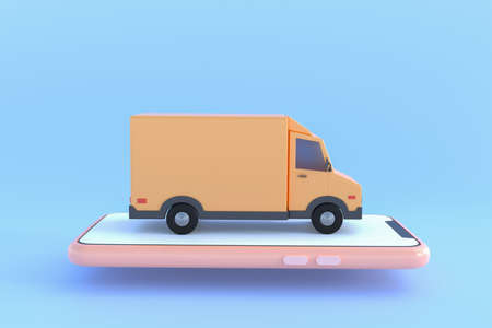 E-commerce concept, Delivery service on mobile application, Transportation delivery by truck, 3d illustrationの写真素材