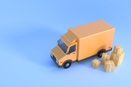 E-commerce concept, Delivery service on mobile application, Transportation delivery by truck, 3d illustrationの写真素材