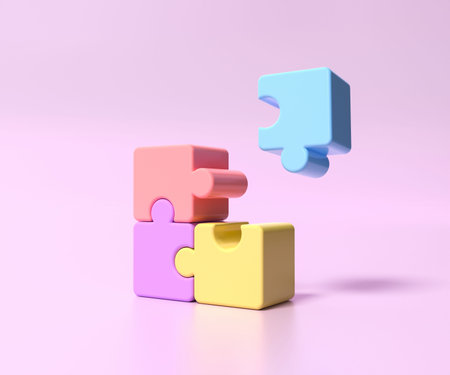 3D jigsaw puzzle pieces on pink background. Problem-solving, business concept. 3d illustrationの写真素材
