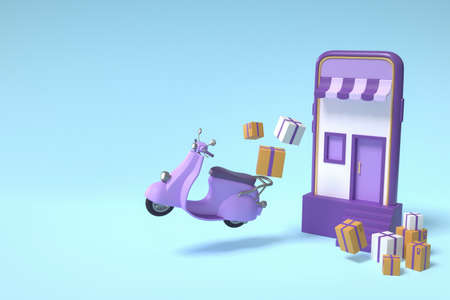 E-commerce concept, Delivery service on mobile application, Transportation delivery by truck, 3d illustrationの写真素材