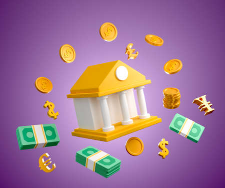 Online banking icon. money-saving, Bank, bundles of money and coins floating around on the purple background 3d illustrationの写真素材