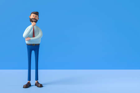 3d illustration. Cartoon character cute BUSINESS man isolated on blue background. Serious guy thinking pose. Caucasian male wears white shirt and red tie.の写真素材