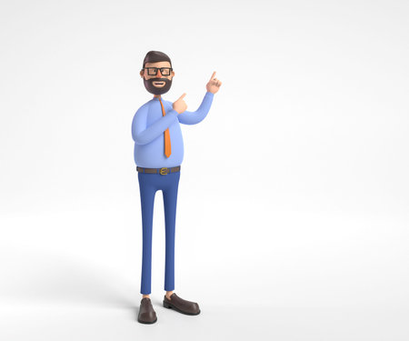3d illustration. Cartoon character man isolated on pink background. Funny guy wears blue shirt shows...