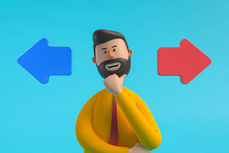 3d illustration.Confused Man have to choose the right arrow to follow. Concept of options, confusion, decision.の写真素材