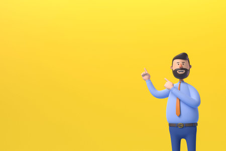 3d illustration. Cartoon character man isolated on pink background. Funny guy wears blue shirt shows...