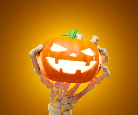 bony hands holding Halloween pumpkins. 3d illustrationの写真素材